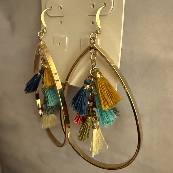 Ethel & Myrtle Gold Teardrop Dangle Earrings with Multicolor Tassels, 3” Drop - Picture 7 of 12